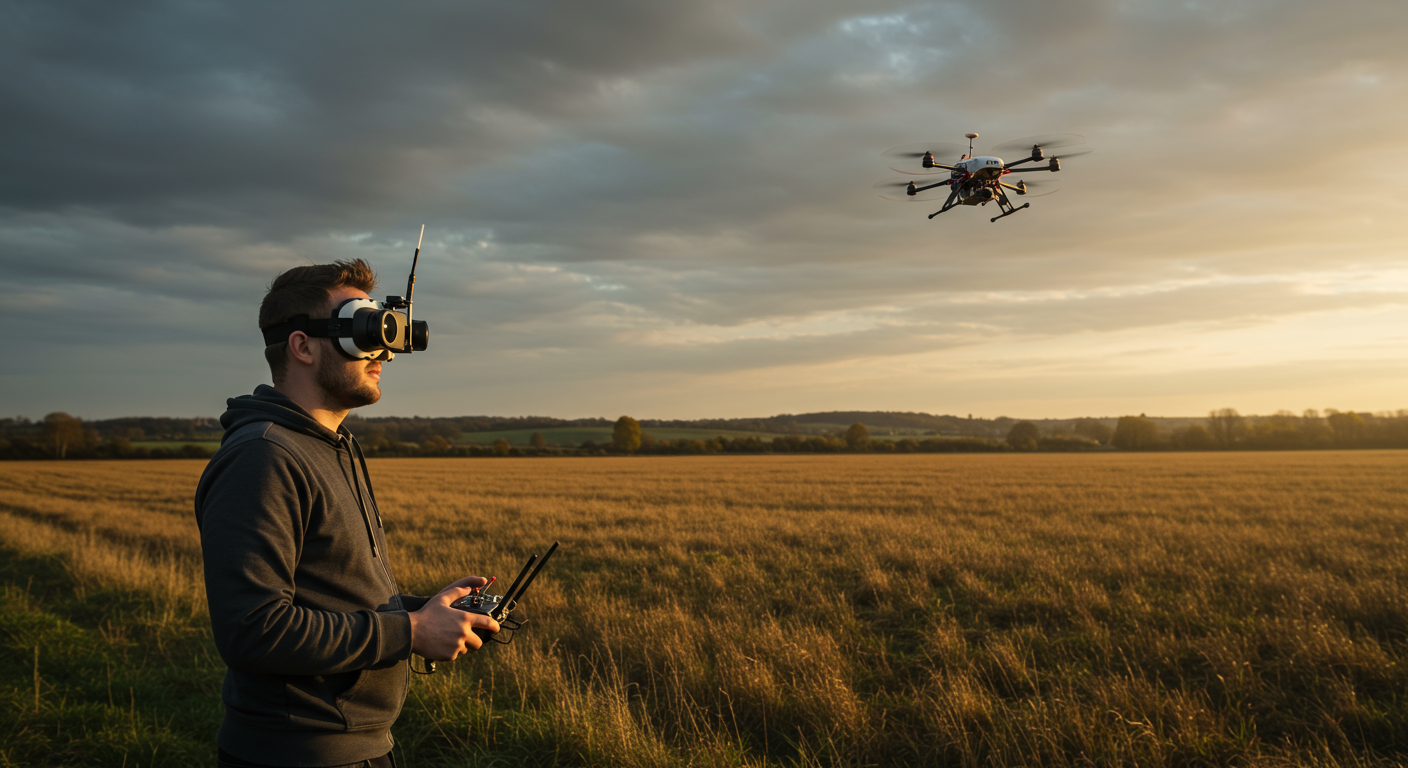 FPV pilot with goggles and radio controller at a UK open field, drone visible in the sky above