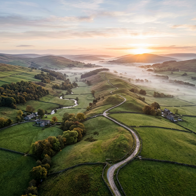 Aero 1 Lite mini drone hovering over UK countryside at golden hour