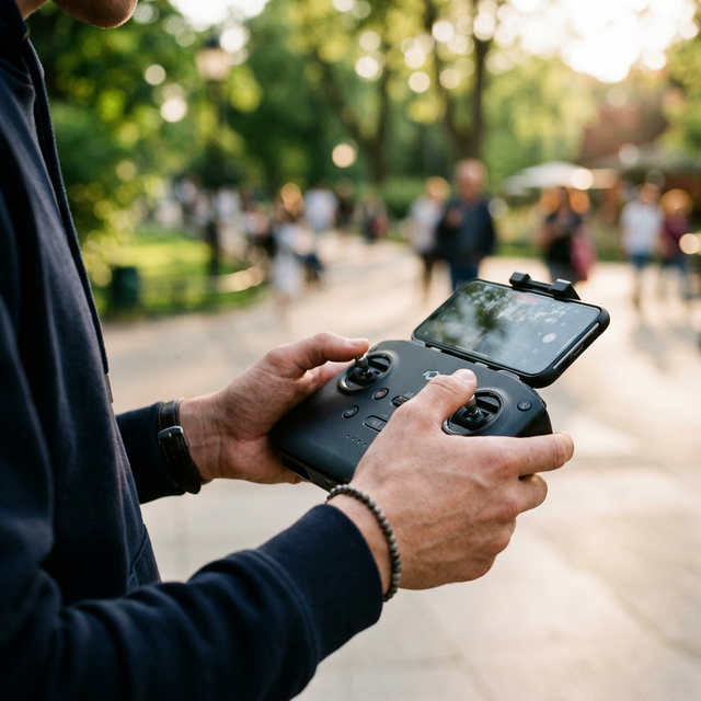 Aero 1 Lite mini drone hovering over UK countryside at golden hour