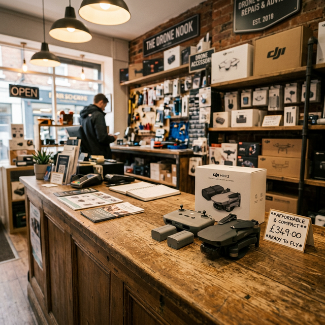 Aero 1 Lite mini drone hovering over UK countryside at golden hour