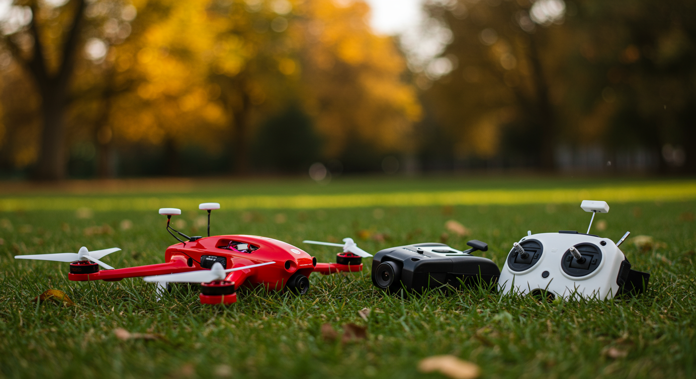 Teenager wearing FPV goggles flying a 5-inch FPV drone in a UK park, adult standing beside them watching the aircraft
