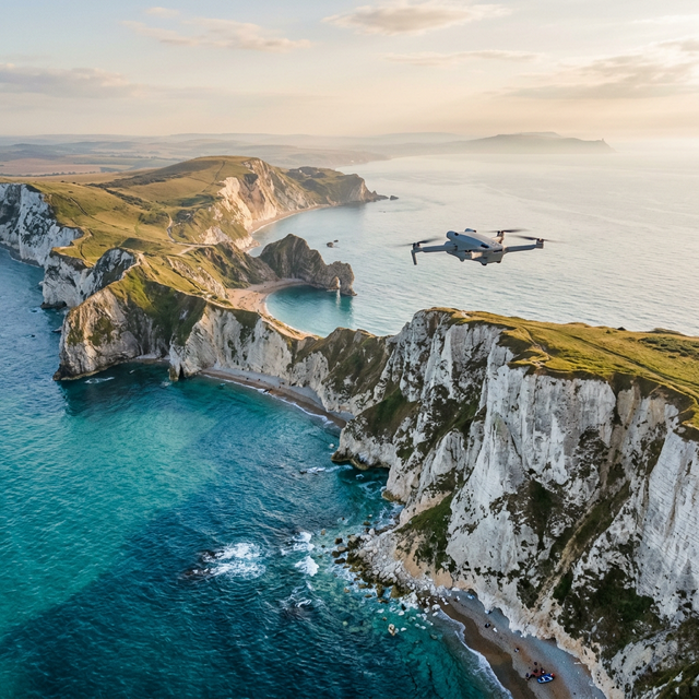Aero 1 Lite mini drone hovering over UK countryside at golden hour