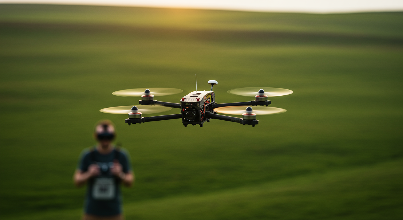 A 5-inch FPV drone hovering low over a green UK hillside, pilot visible in background with goggles on