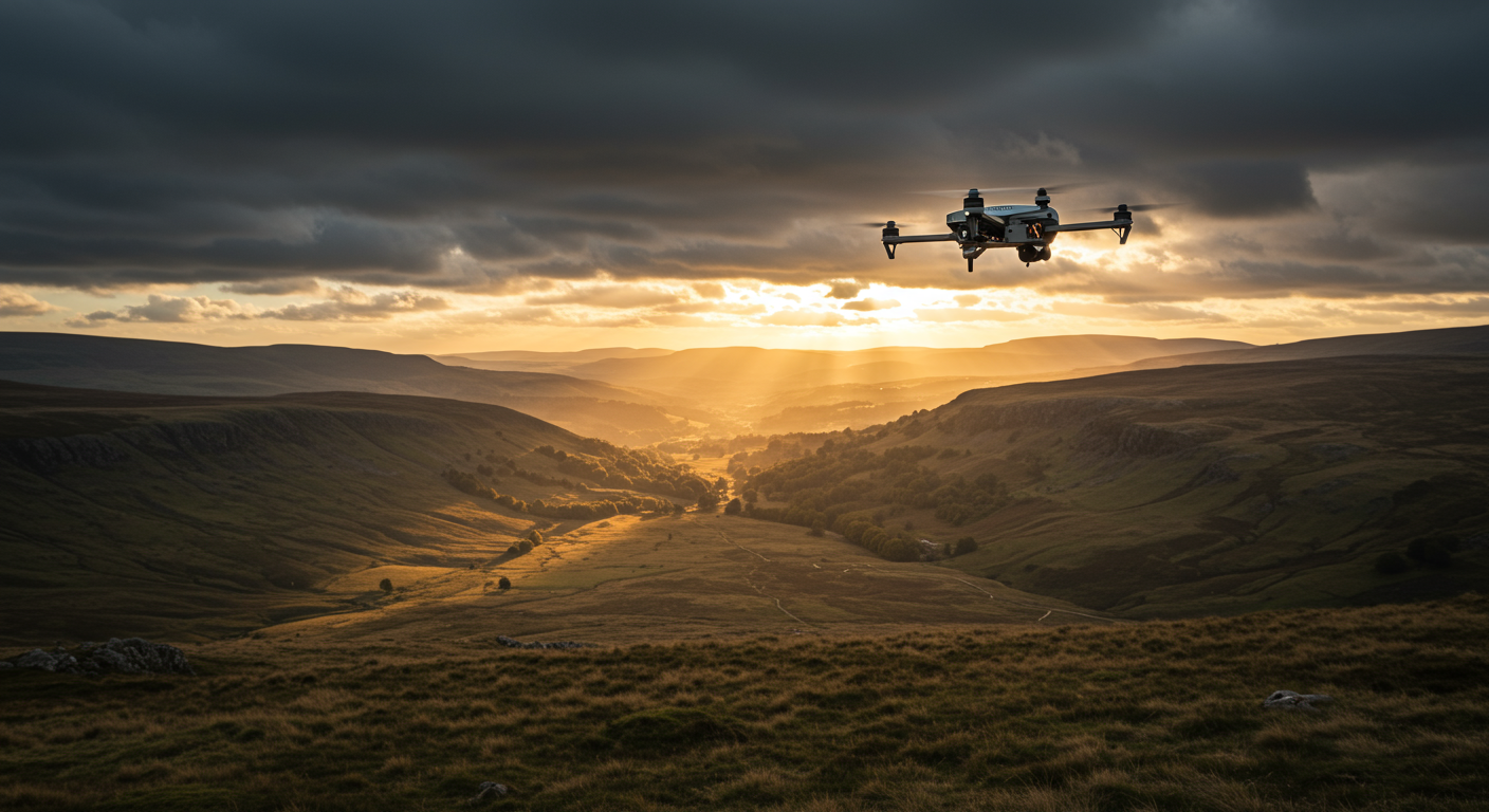 7-inch FPV drone hovering above a moorland valley in northern England, dramatic overcast sky, hills visible in the distance
