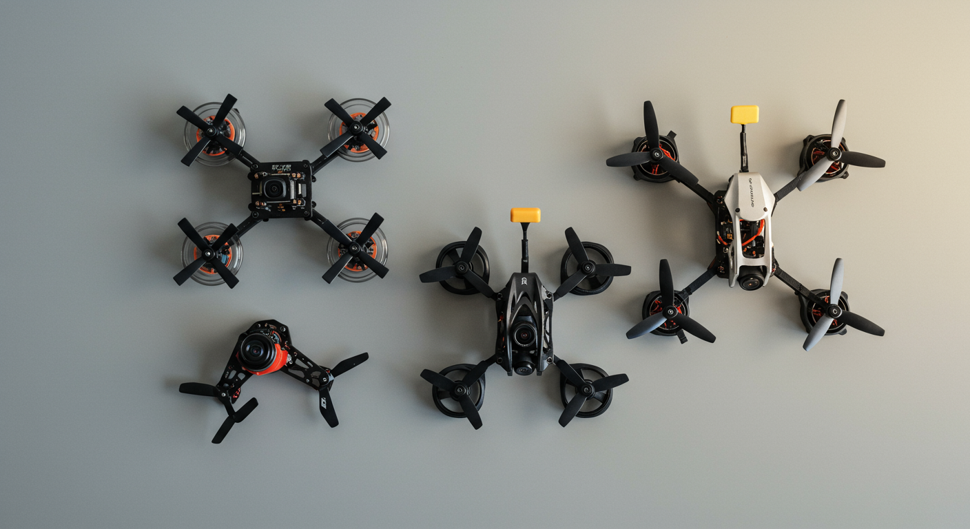 Four different FPV drone frames laid out on a workshop table showing variety in size and construction — micro whoop, 5-inch freestyle, cinewhoop, and larger UK-built quad