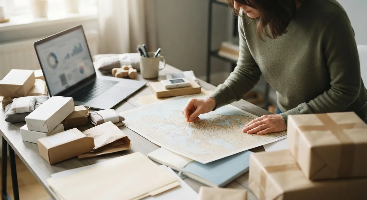 A seller marking a new country on a printed map of Europe beside a laptop and parcels ready to ship