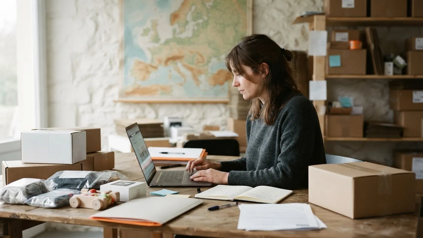 A seller at a laptop adding a new market in an online portal, with a map of Europe on the wall