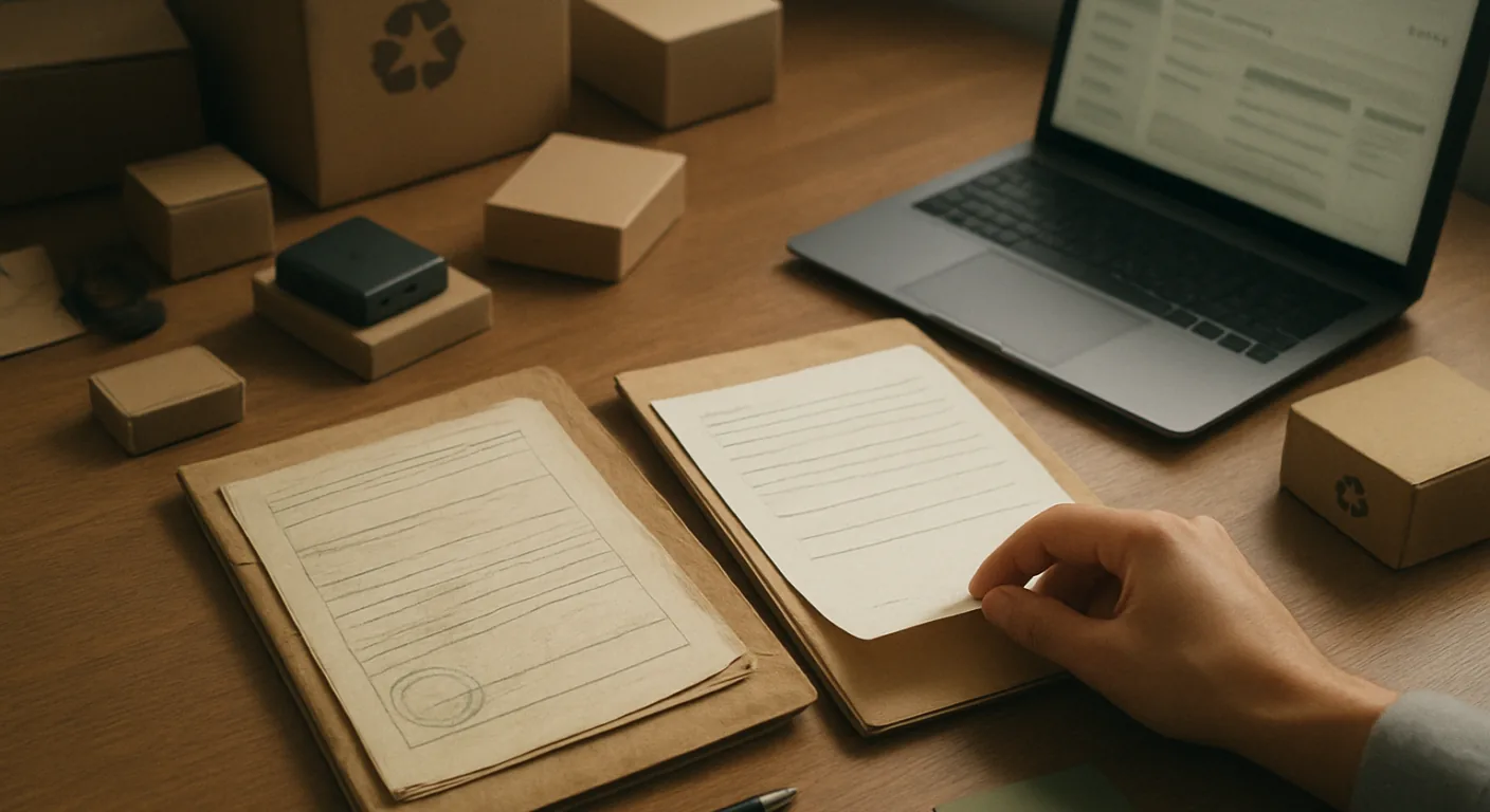 Two document folders on a desk, an older one holding existing registration certificates and a new one being filled, the paperwork a seller hands over when moving EPR registrations to a new provider