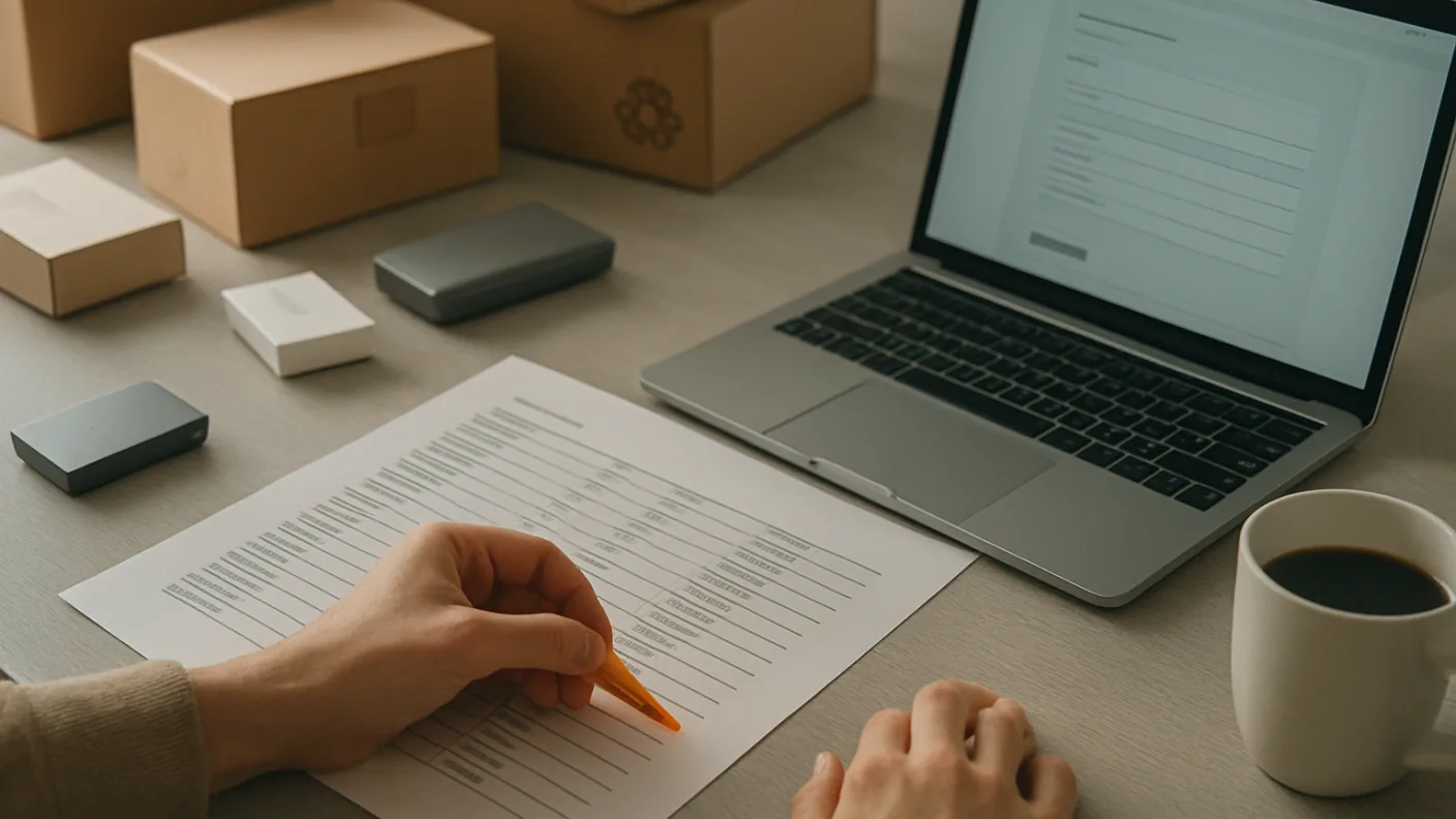 A printed list of registration numbers by country lying beside a laptop with an online form open, ready to be copied field by field