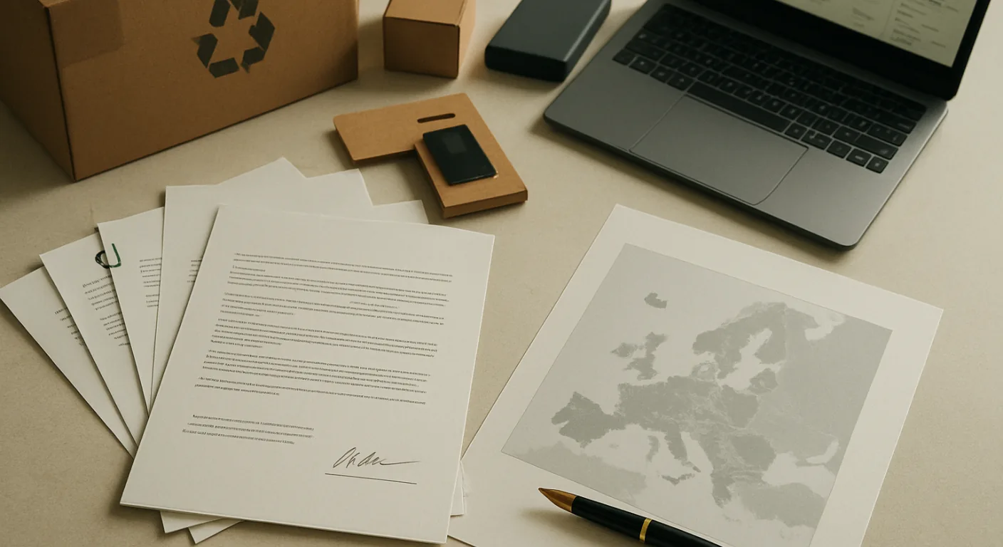 Signed powers of attorney for several countries fanned out beside a map of Europe, the documents under which an authorised representative is appointed