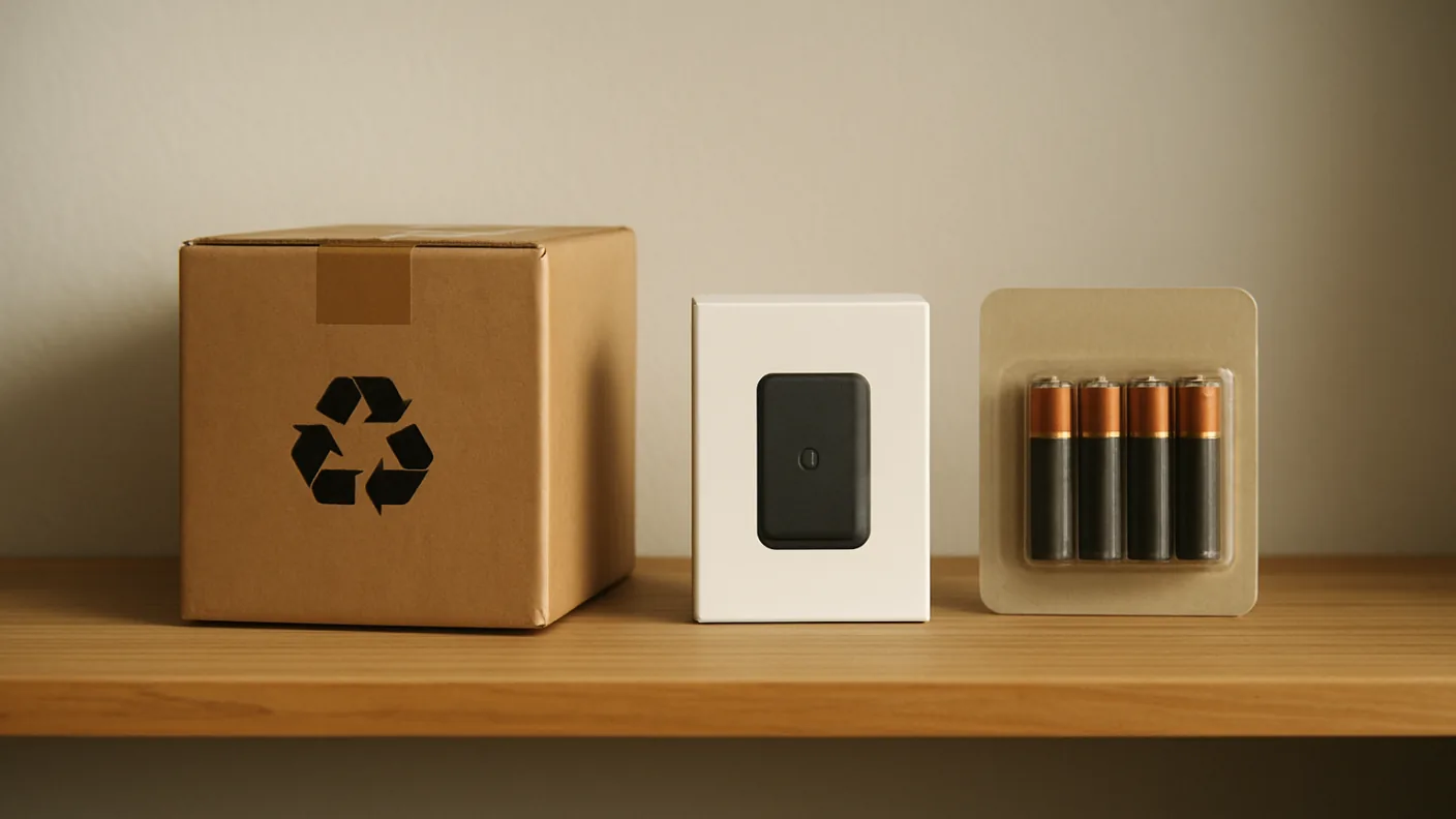A sealed cardboard box, a small boxed electronic device and a pack of batteries side by side, the three streams that each carry their own representative rule