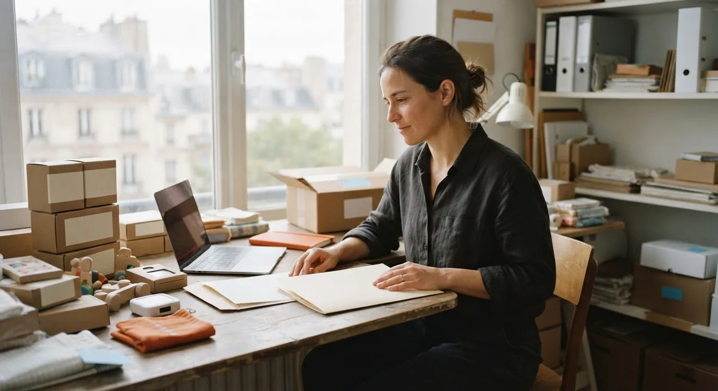 A business owner at a desk weighing two paths, with a closed folder on one side and an open envelope on the other