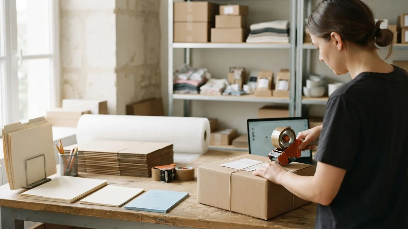 A small warehouse packing bench with plain cartons, tape and a blank packing slip, no legible text
