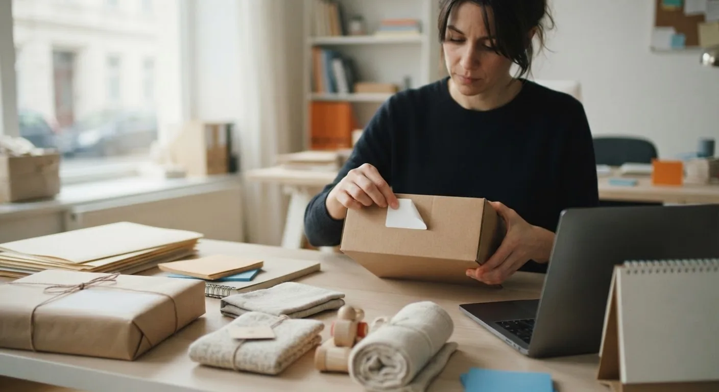 A seller at a desk peeling a blank label from a plain product box beside a closed laptop and a desk calendar