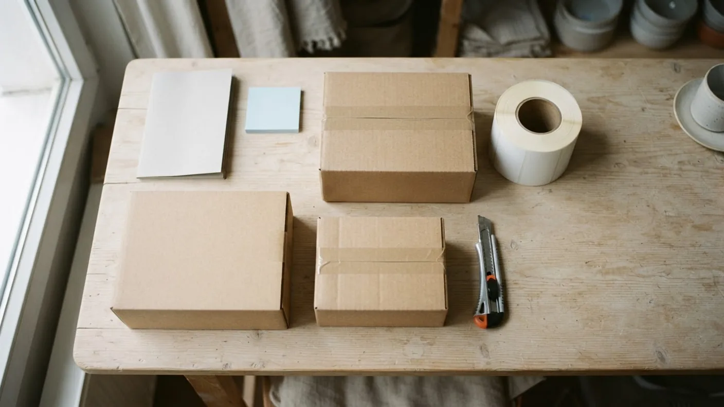 Flat-lay of plain packaging cartons, a roll of blank stickers and a utility knife on a pale workbench