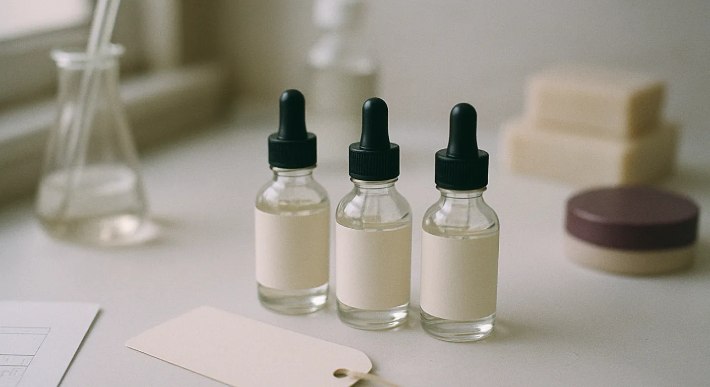 Three small glass cosmetic bottles with plain unprinted labels in a row on a clean white workbench, the kind of units that each carry a cosmetic batch number, with a blank paper tag beside them in soft daylight