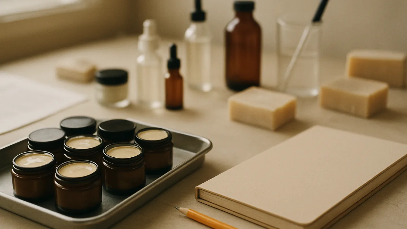 A small workshop table with freshly filled cosmetic jars cooling in a tray beside a blank production notebook and a pencil