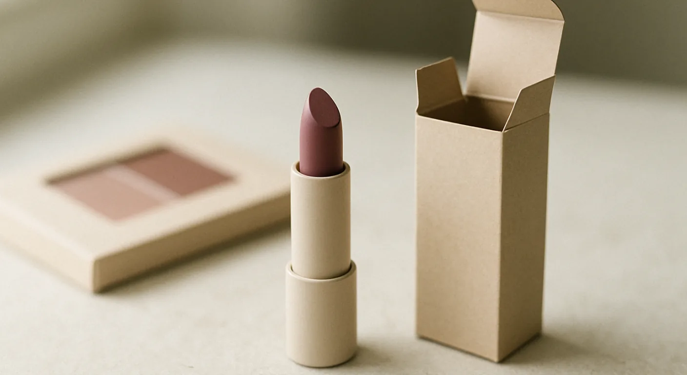 Cosmetic bottle and box labels compared: a matte lipstick tube standing beside its open cardboard carton on a pale stone surface, with an eyeshadow palette in a paper sleeve softly out of focus behind
