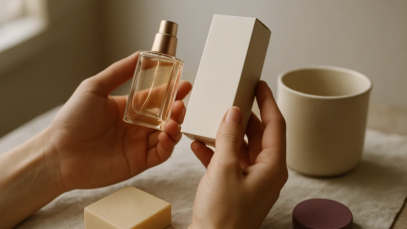 Hands holding a small glass perfume bottle next to its slim box, with a plain ceramic jar on a linen cloth nearby
