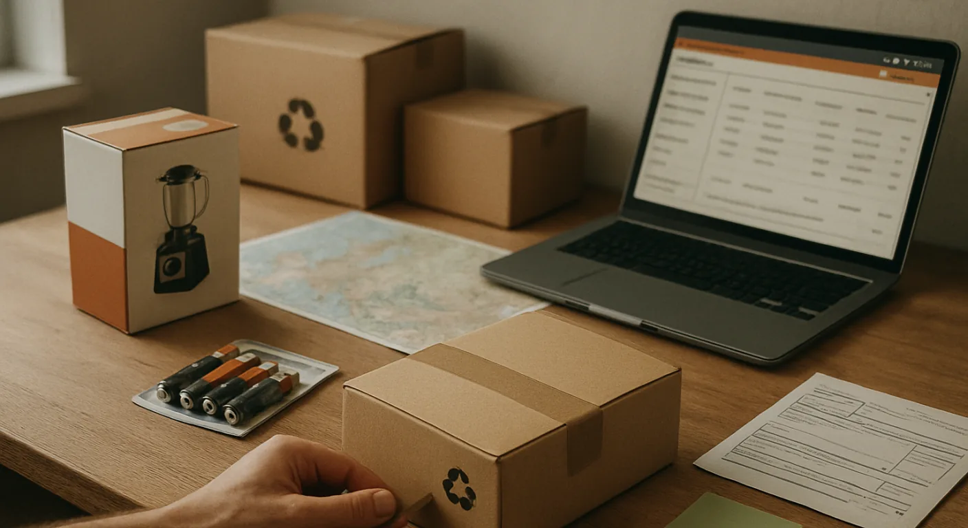 A dispatch bench with a sealed parcel, a boxed small appliance and a pack of batteries beside a map of Europe, the three streams a seller places on each market it sells into