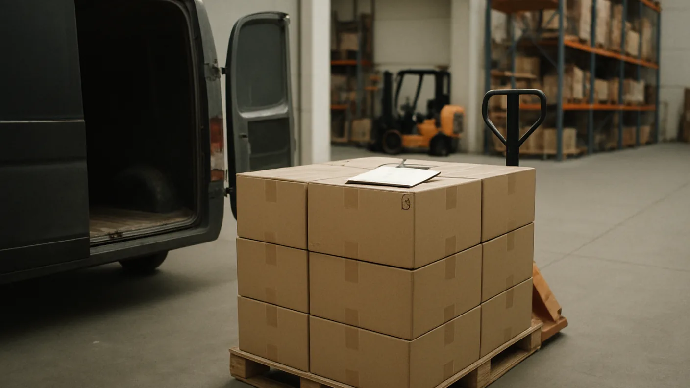 A pallet of shrink-wrapped cartons being unloaded at a distributor's warehouse, the point where an importer can become the producer