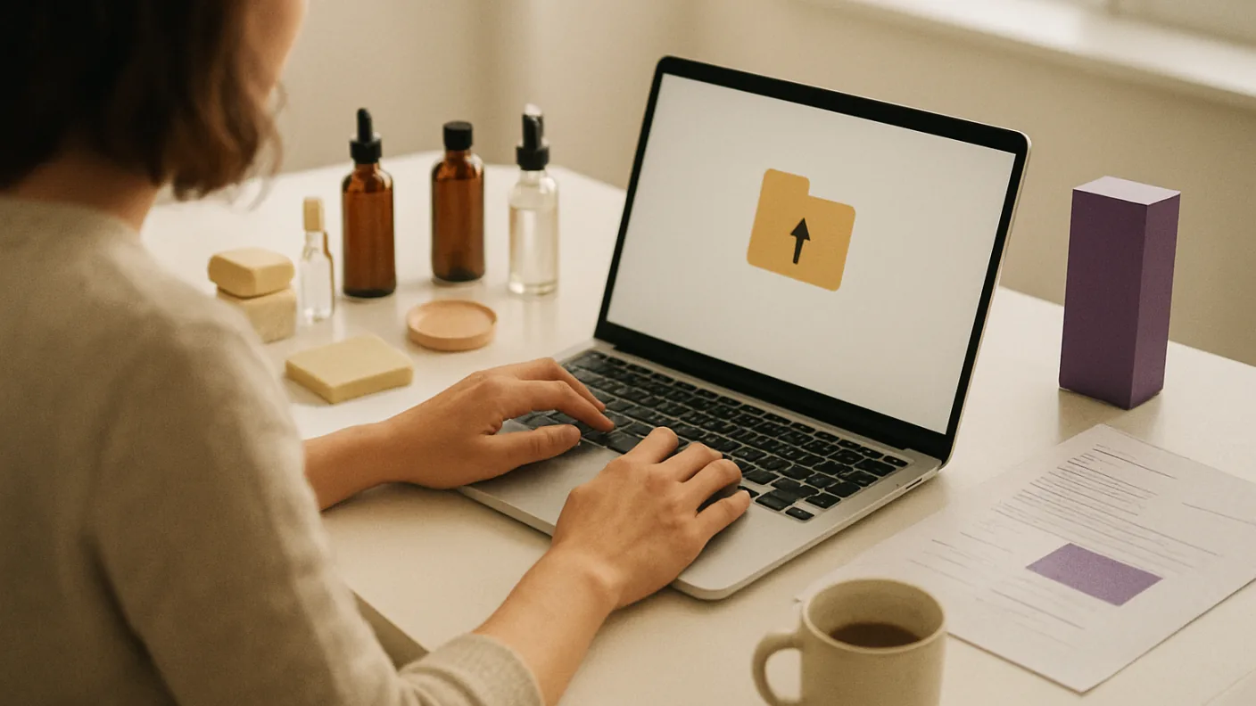 Hands uploading a folder of product documents on a laptop beside a small jar of cream
