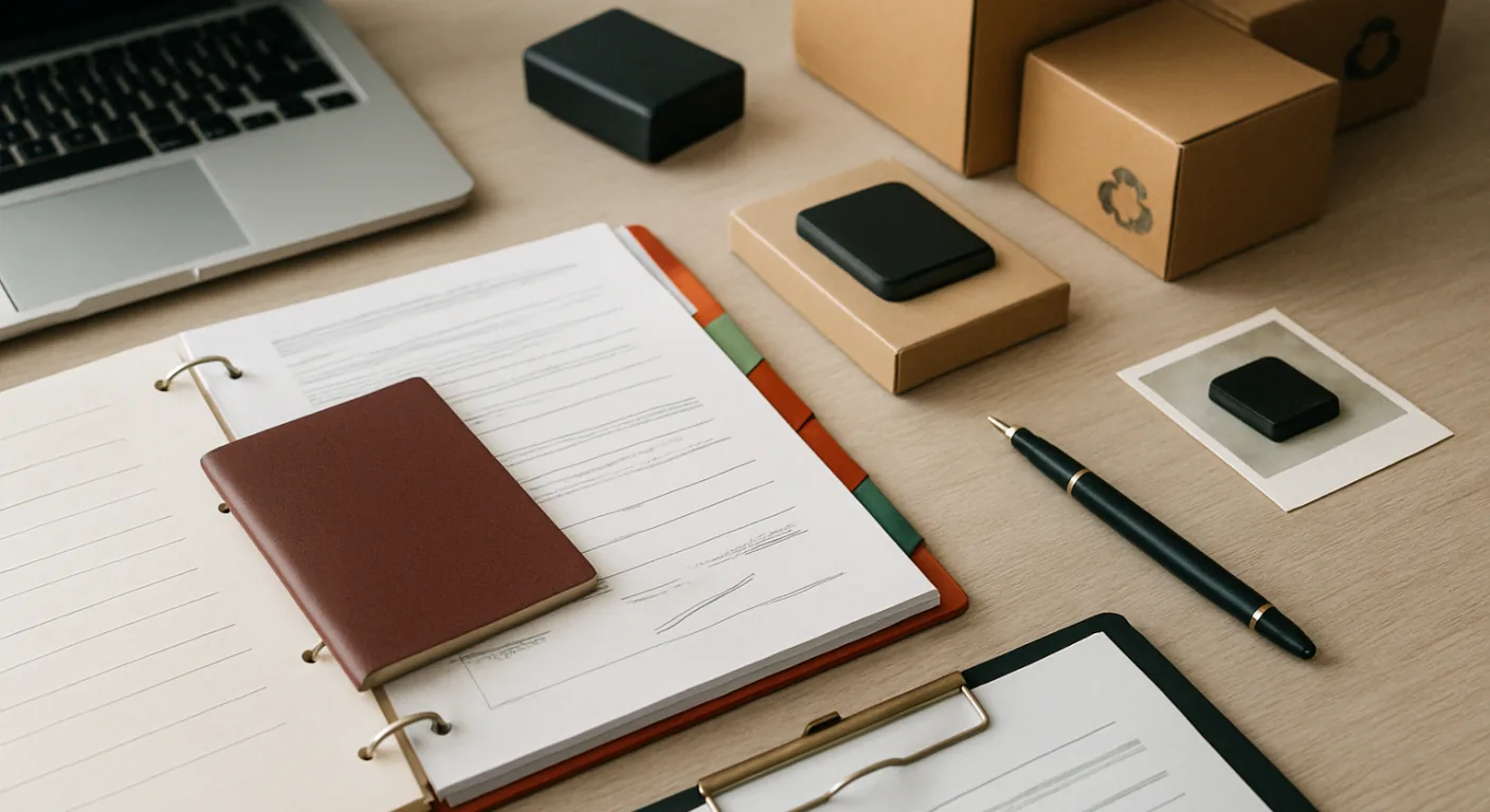 An open ring binder with tabbed dividers beside a passport, a company register extract and an ink-signed power of attorney, the paperwork an EPR registration starts with