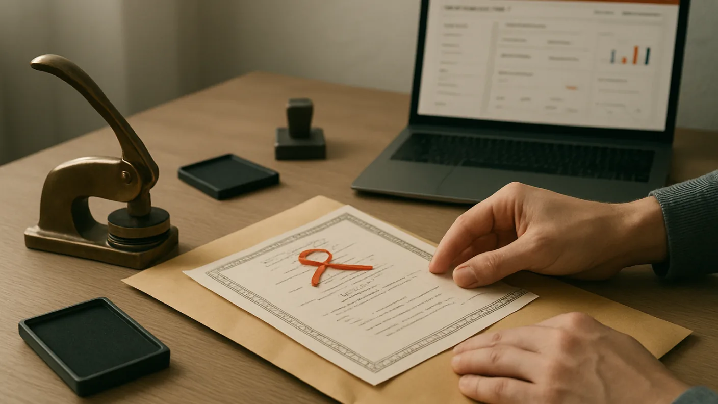 A notary's embossing seal and an apostille certificate attached to a signed document, next to a padded envelope ready for posting