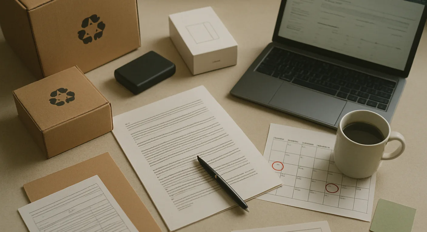A service agreement open at its numbered clauses beside a wall calendar with renewal dates marked in different months, showing that each registration renews on its own date