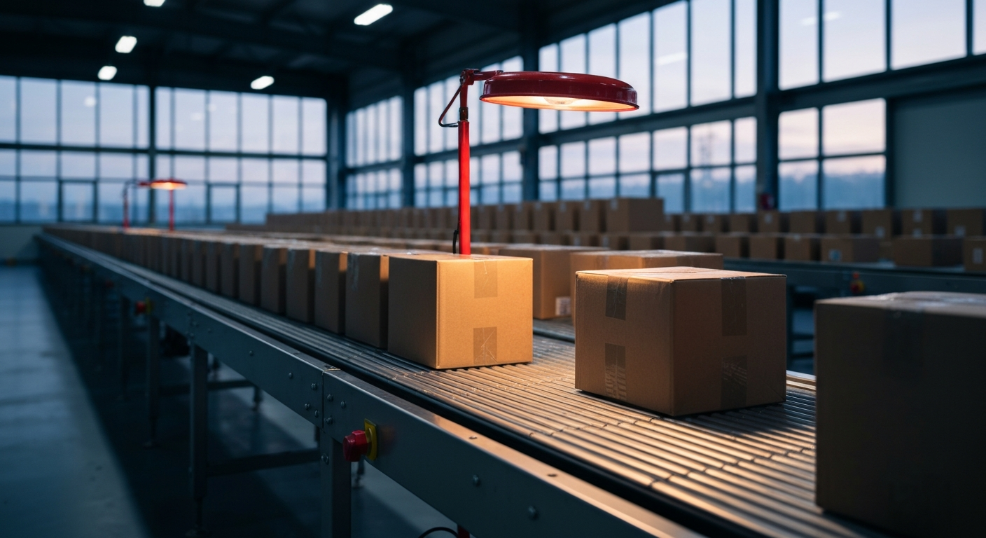 Pacchi trattenuti su un nastro di centro logistico durante un controllo di applicazione dell'EPR