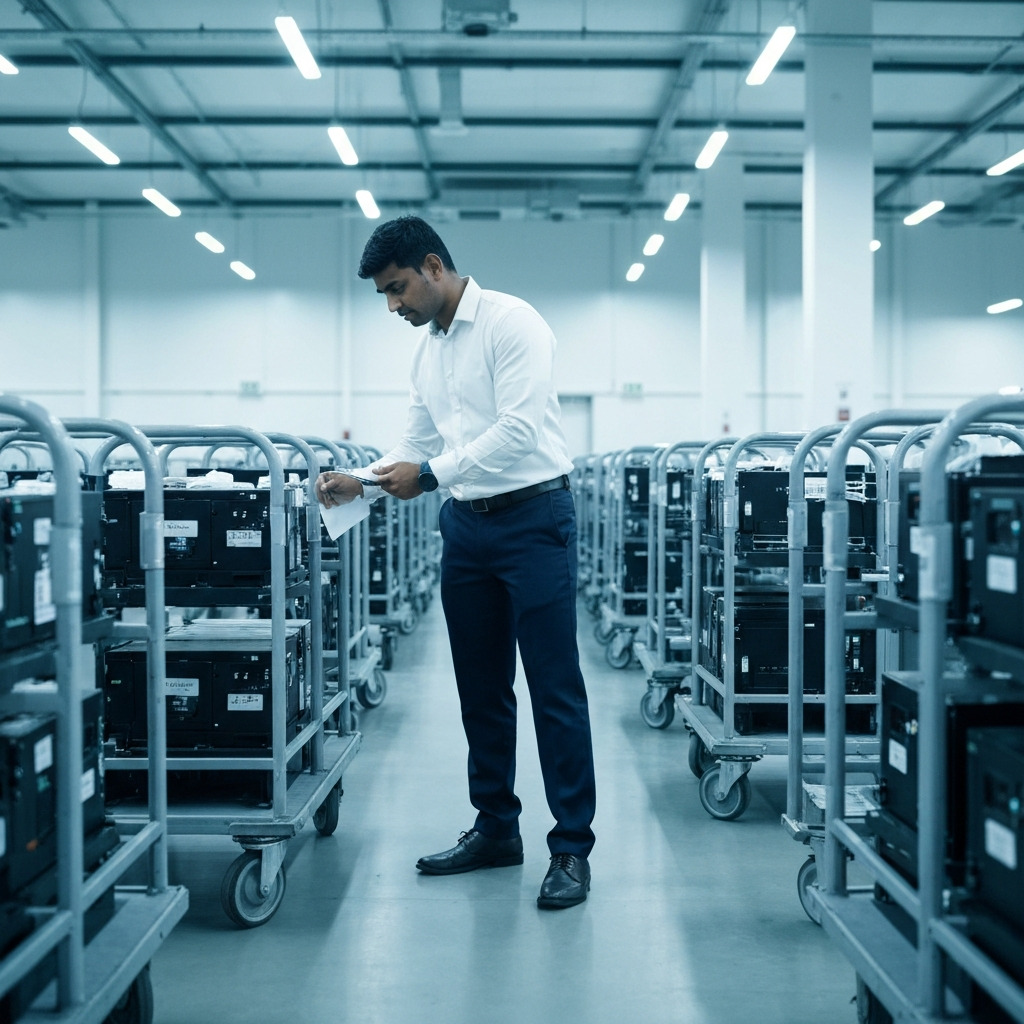 Ispettore che applica un cartellino di fermo in bianco su un pallet di elettronica in un magazzino doganale UE