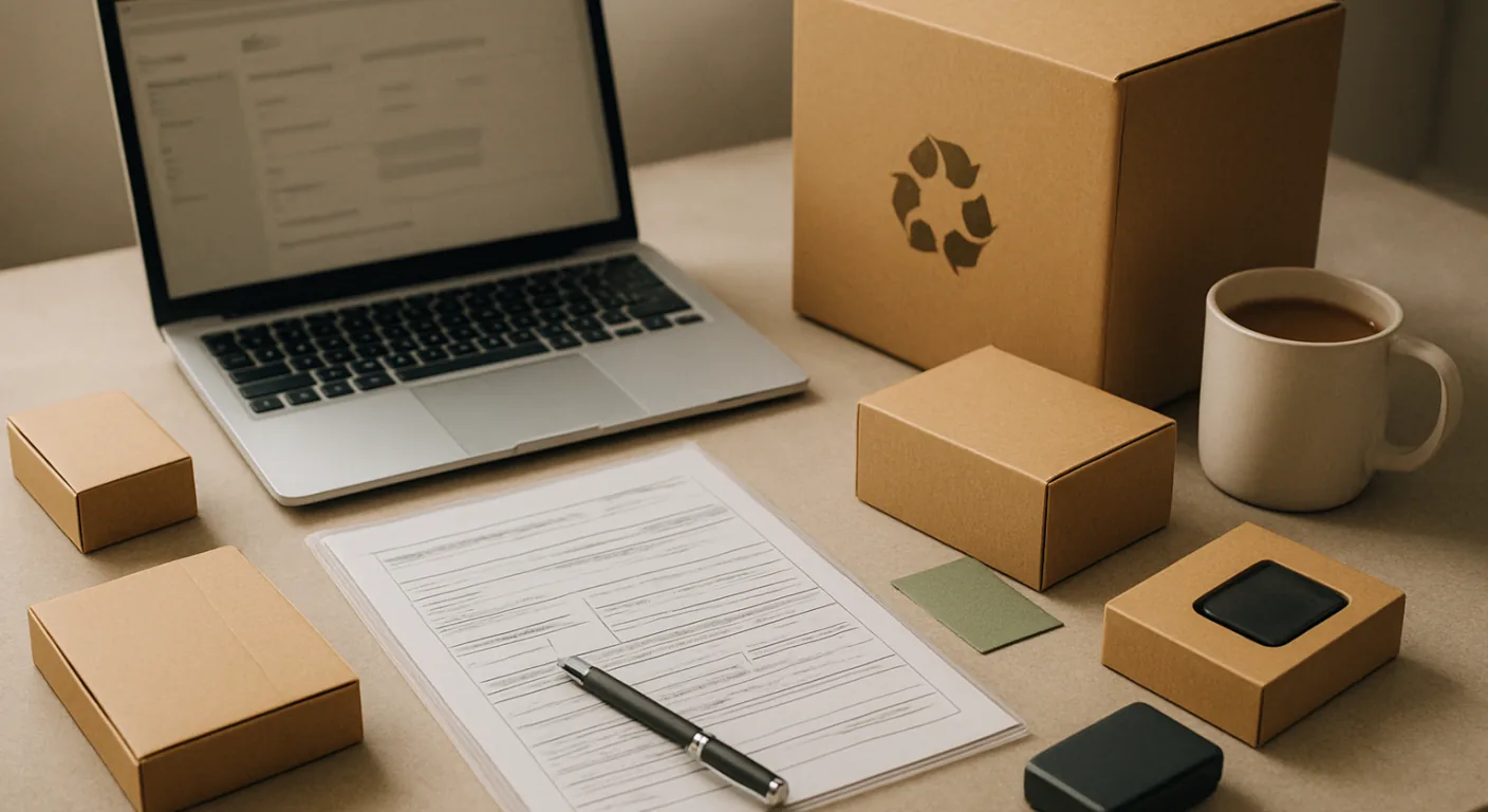 A seller's desk with a laptop, a printed registration certificate in a clear sleeve and folded shipping boxes, the paperwork that follows once EPR numbers are issued