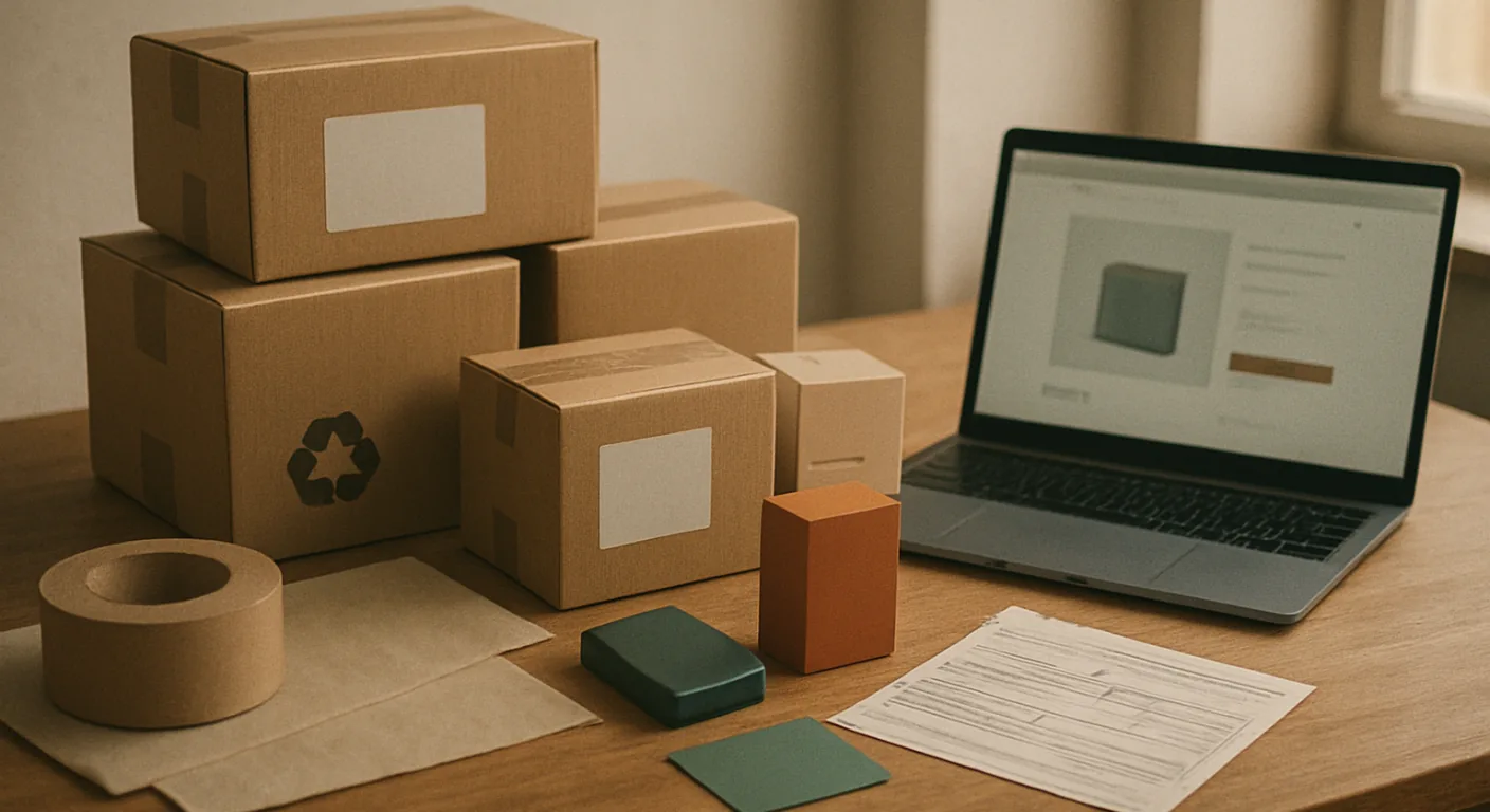 A small brand's packing table with parcels for buyers in several European countries beside a laptop open on the brand's own online shop