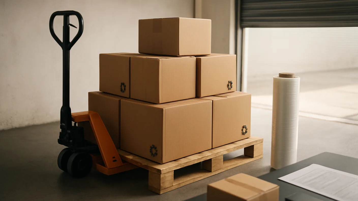 Boxed electrical products on a pallet in a manufacturer's dispatch bay, ready to ship direct to buyers
