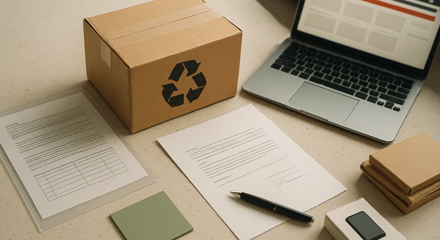 A seller's desk with a register certificate in a clear sleeve, a sealed parcel of packaged goods and a signed power of attorney, for German packaging registration