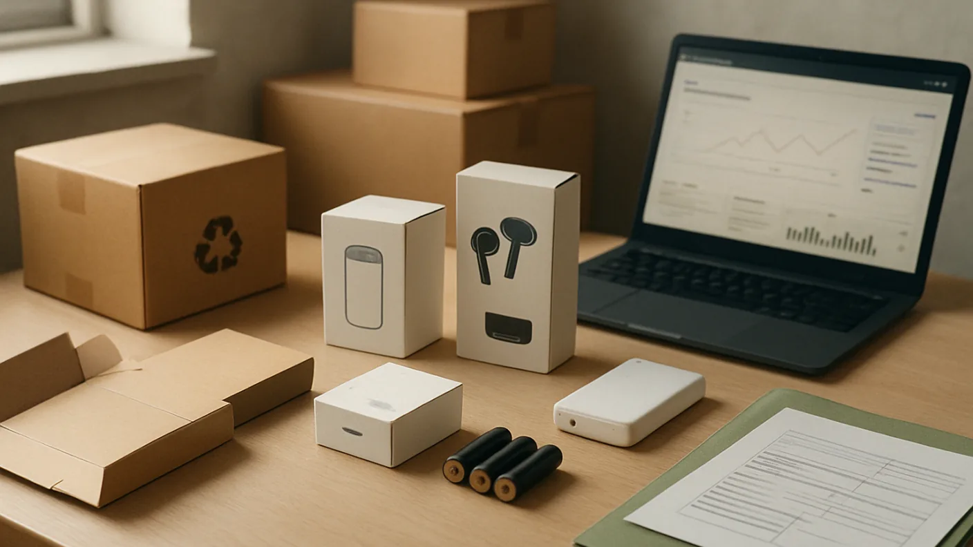 Small household electronics, batteries and flattened cardboard packaging on a warehouse bench beside a folder of compliance papers