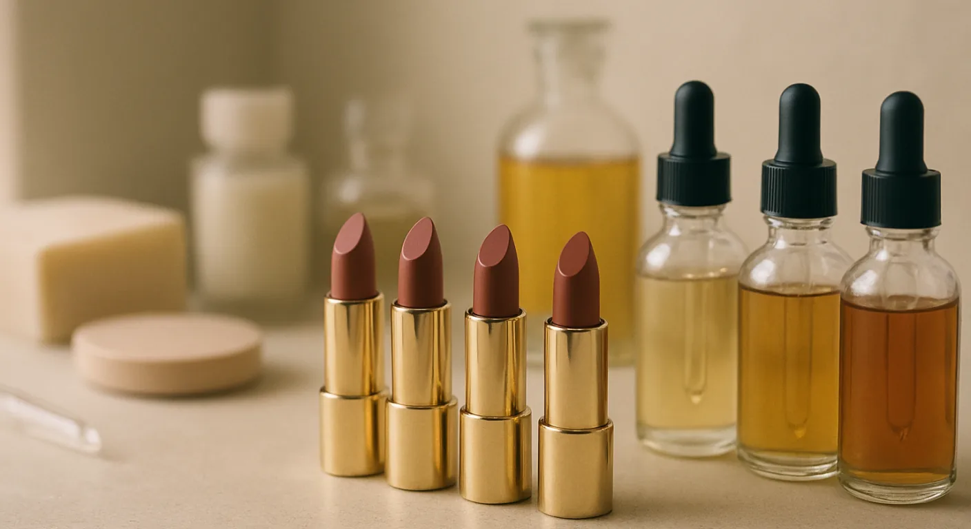 Lipsticks in several shades standing upright beside perfume bottles of one shape on a pale stone surface in soft daylight
