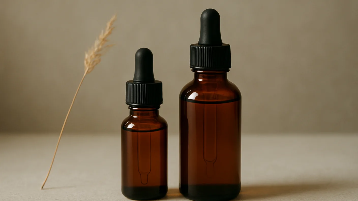 One cosmetic bottle shown in a small and a large size side by side on a neutral studio surface