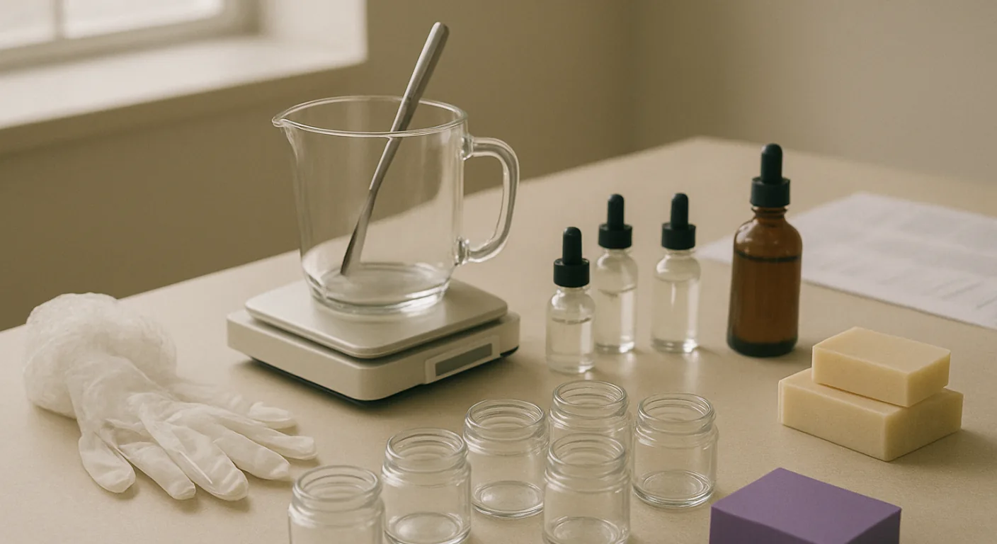Small-batch cosmetic production at a clean workbench with a scale, mixing jug and labelled jars