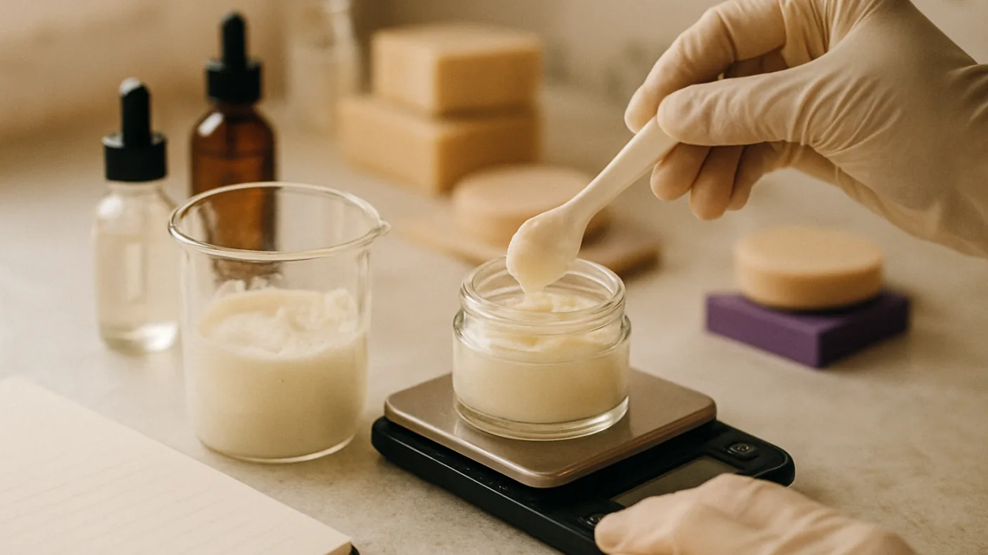 Hands filling a small jar with cream at a tidy home workbench beside a notebook