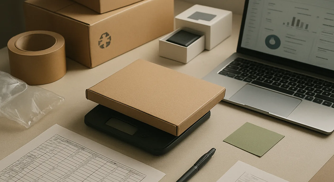 A seller's desk with a sales spreadsheet, a cardboard mailer on a small scale and packing materials, the quantities behind an EPR declaration