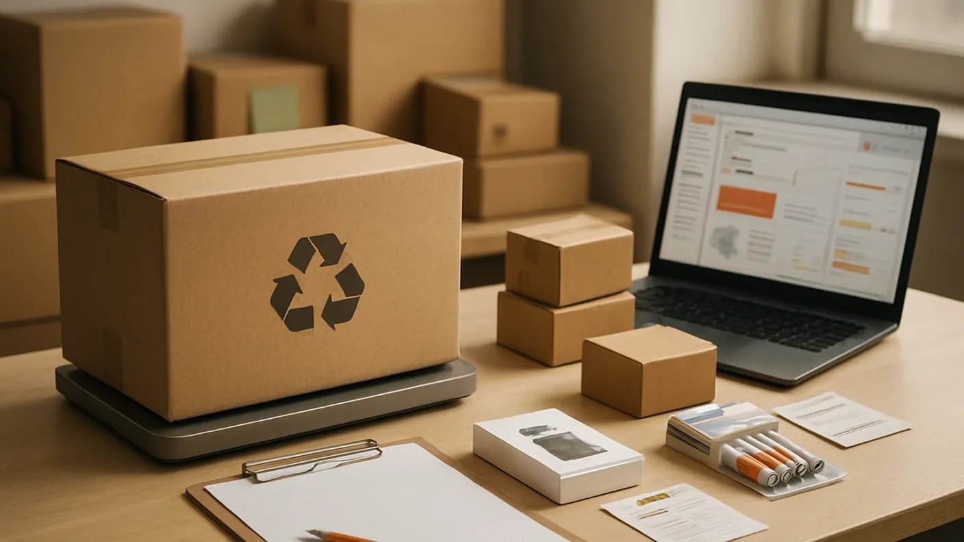 Sealed parcels on a packing bench beside a parcel scale, a blank tally sheet, boxed electronics and a pack of batteries