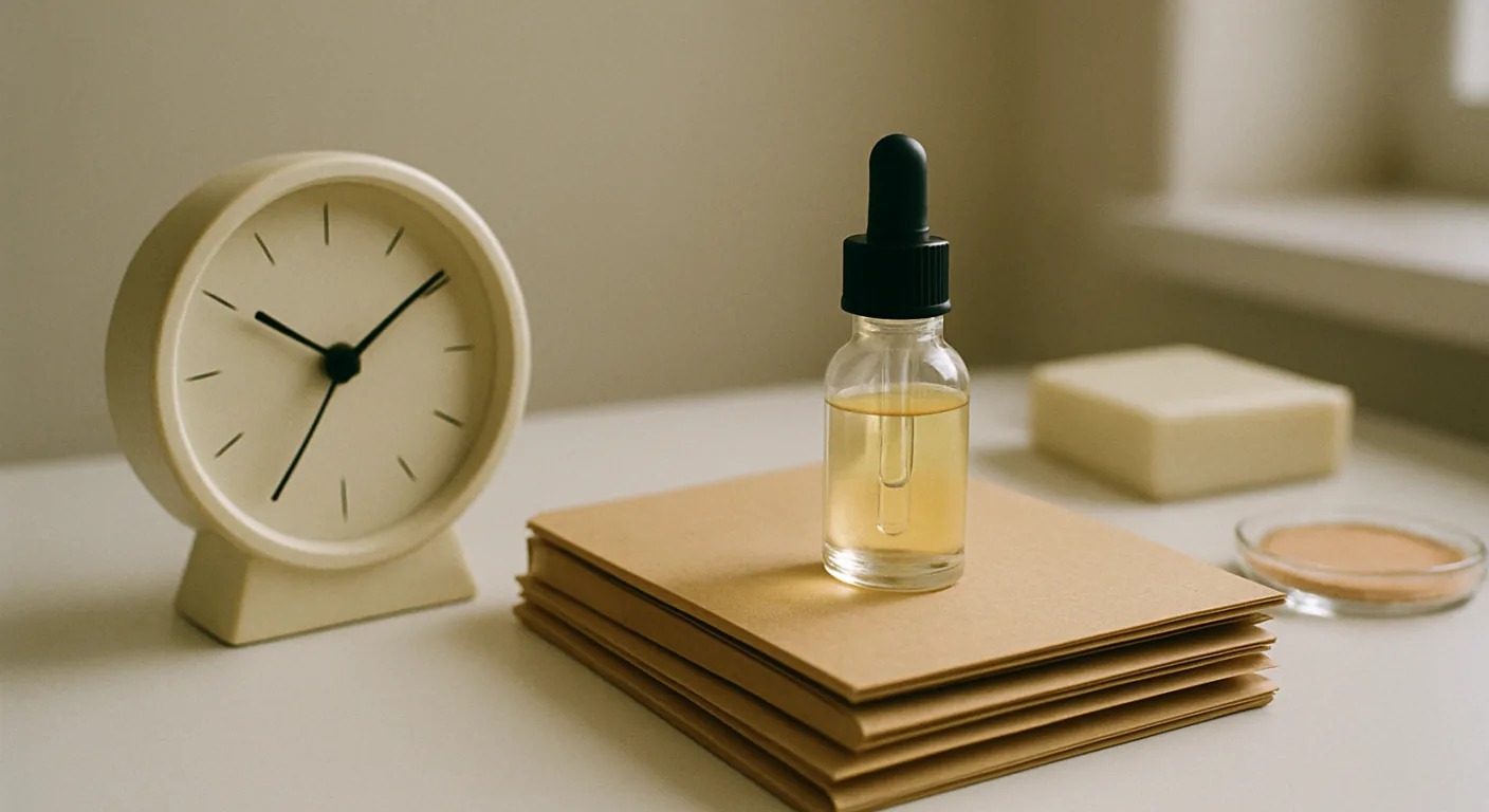 An analogue desk clock beside a stack of sealed folders and a glass dropper bottle on a clean white desk in morning light