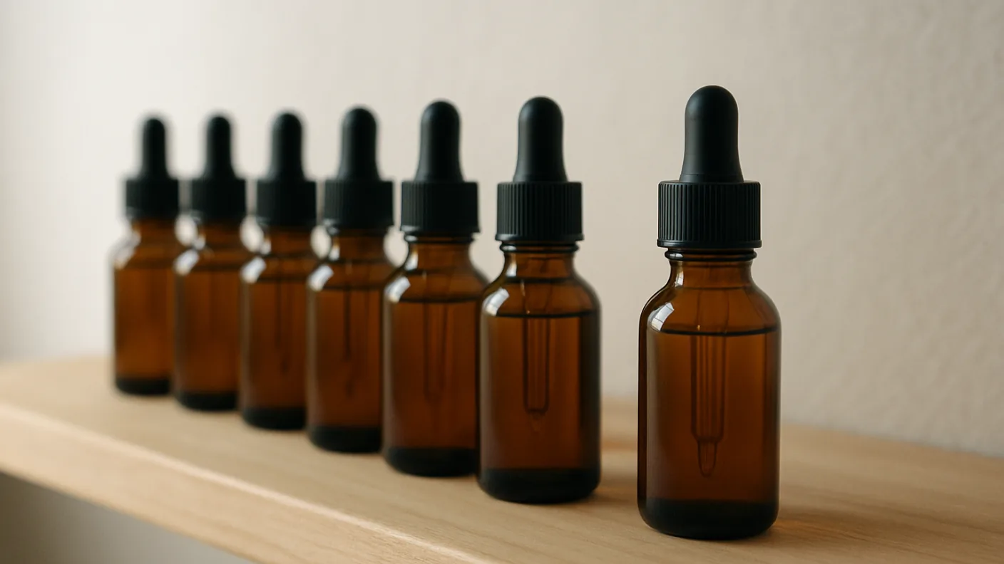 A neat row of small amber glass dropper bottles on a shelf in soft diffuse light