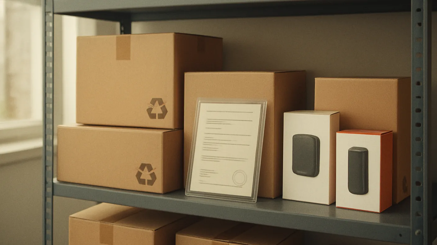 Sealed shipping boxes and small electronics waiting on a warehouse shelf beside a printed registration certificate