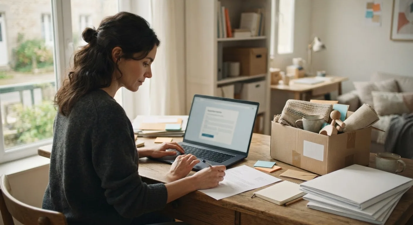 A seller at a laptop working through an online onboarding form, with a product box and a printed letter on the desk