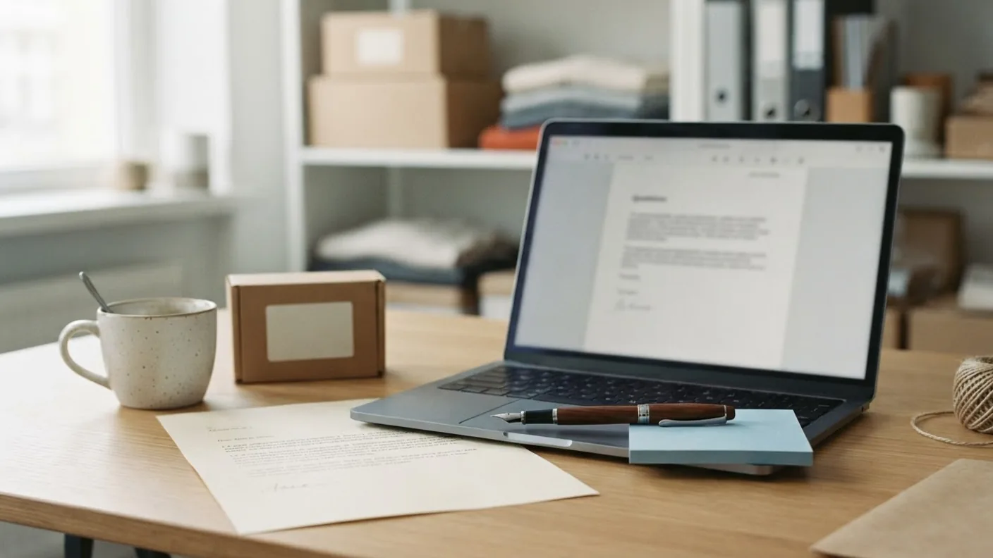 A printed letter of authorisation and a pen beside a laptop showing a blurred quote screen