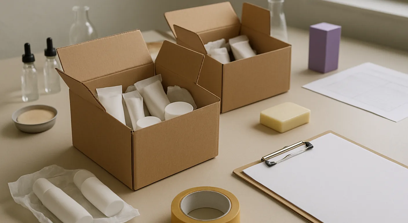 Open cardboard shipping boxes on a warehouse table holding plain cosmetic tubes and jars wrapped in tissue paper, with a roll of packing tape and a clipboard.