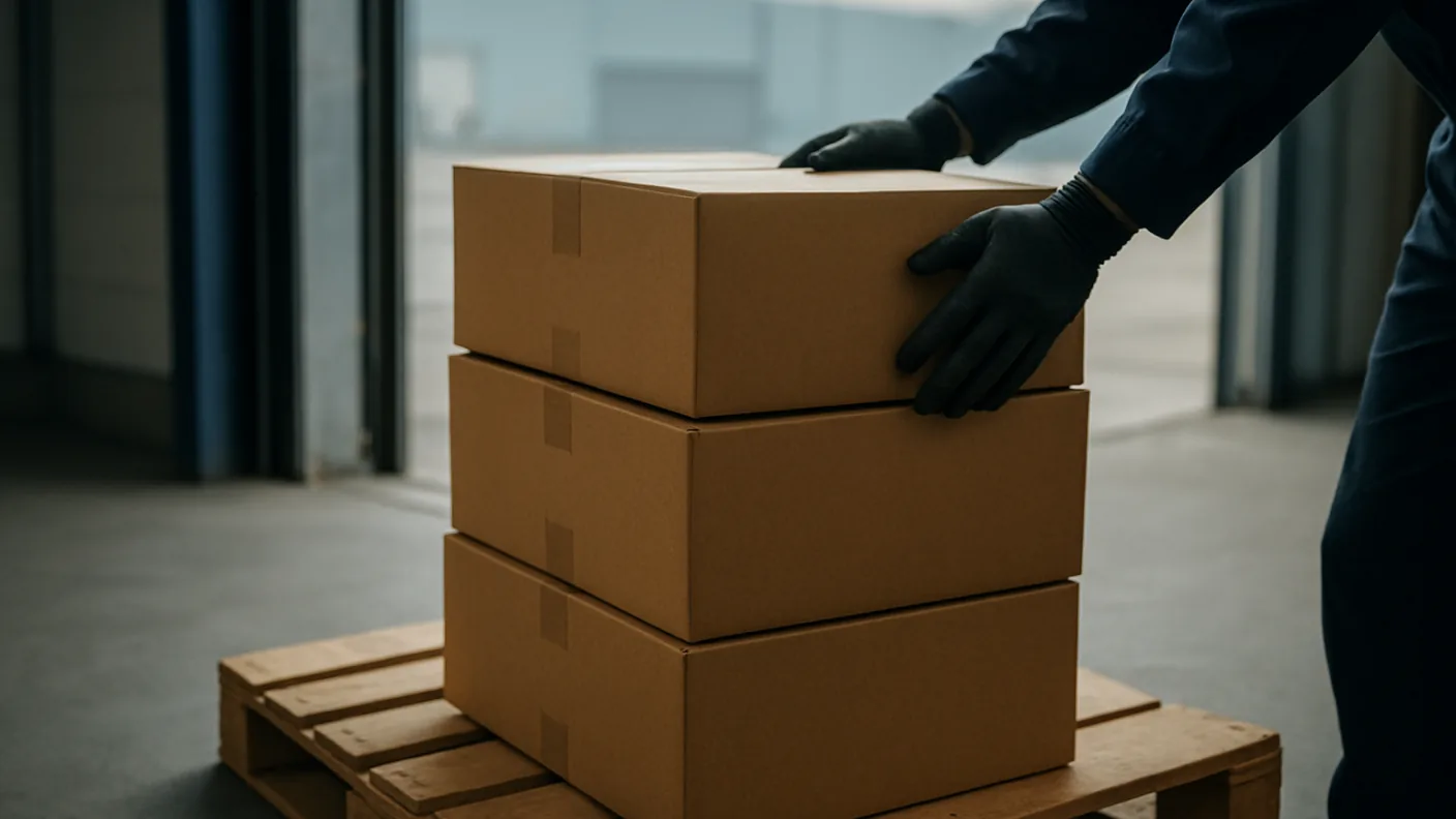 A freight pallet of sealed cartons beside a loading door in daylight, with gloved hands steadying the top carton.