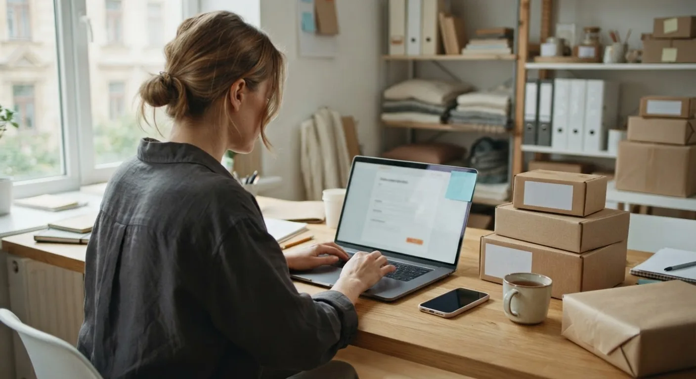 A seller typing company details into an online sign-up form on a laptop, with product samples on the desk